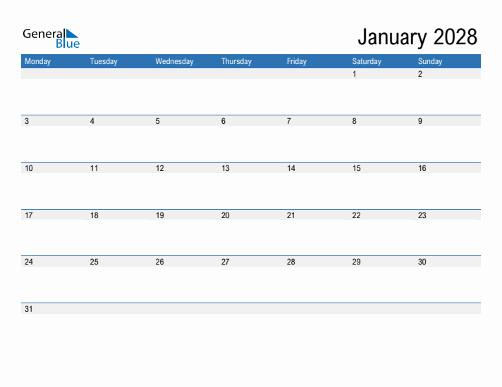 Fillable Calendar for January 2028
