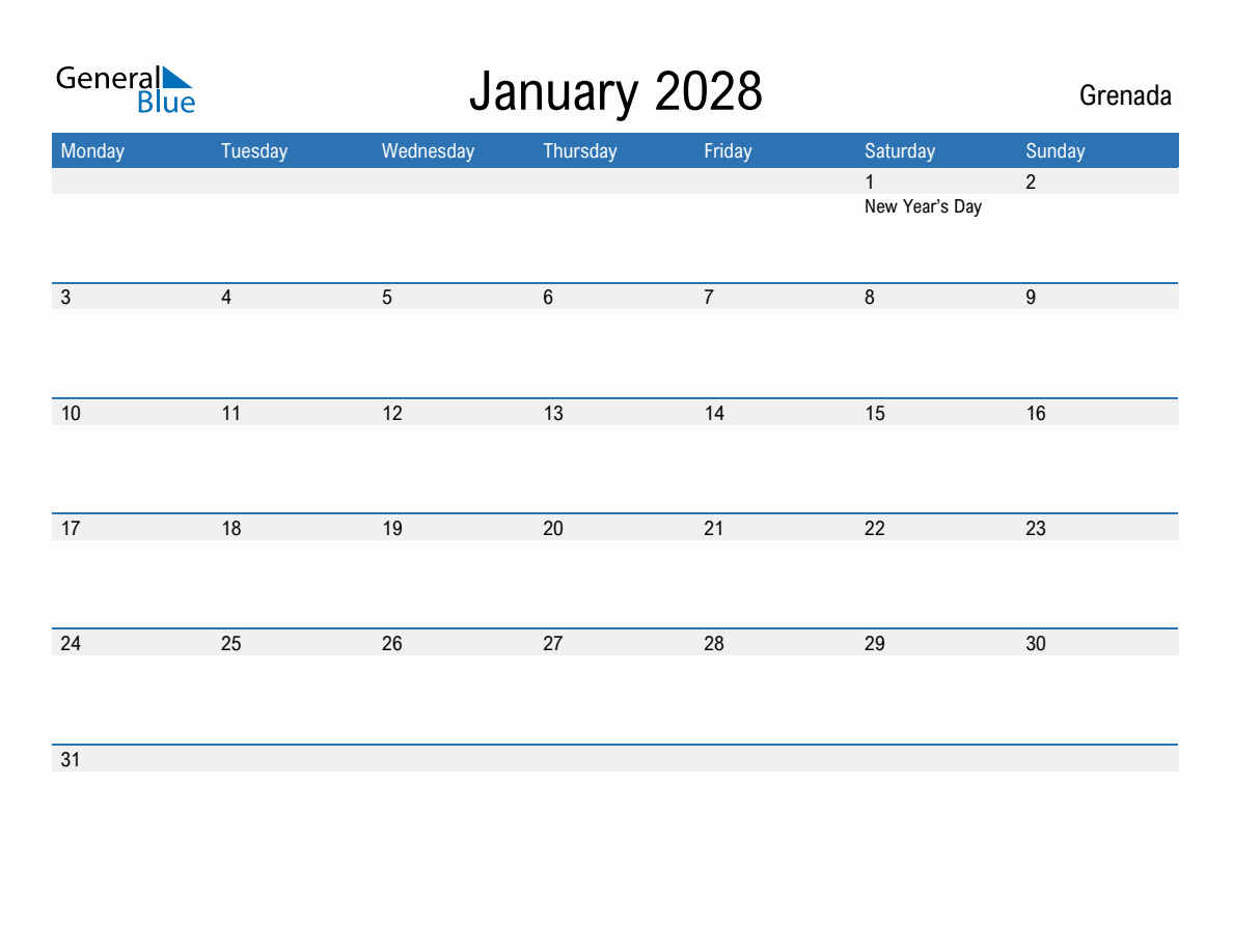 Editable January 2028 Calendar with Grenada Holidays