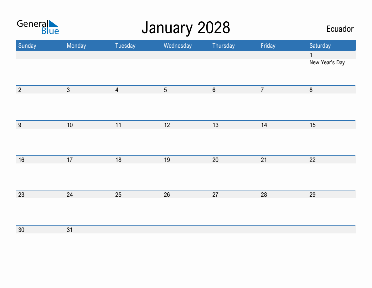 Editable January 2028 Calendar with Ecuador Holidays