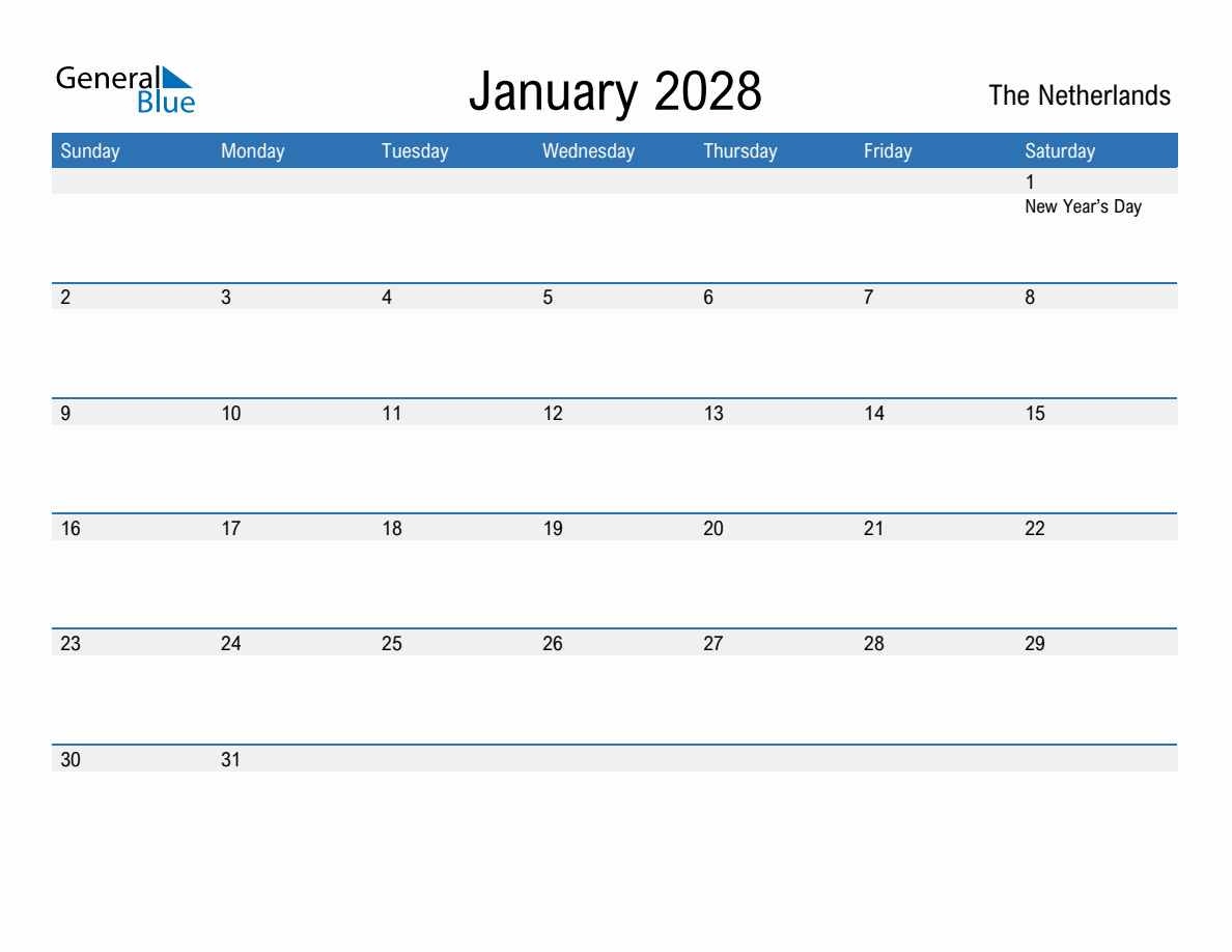 January 2028 Calendar with Netherlands Holidays