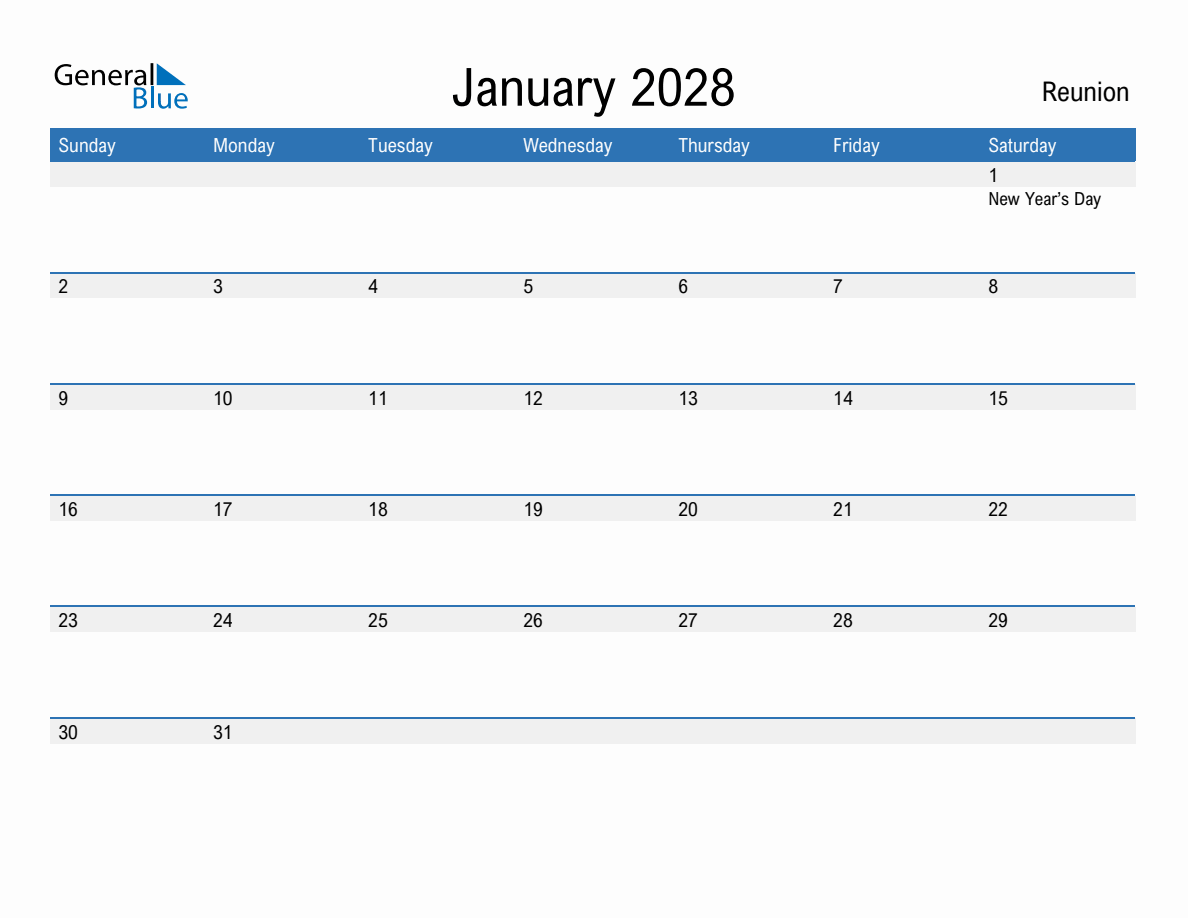 January 2028 Calendar with Reunion Holidays