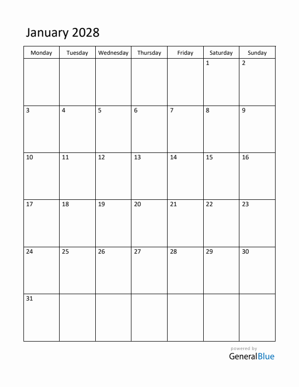 January 2028 Monday Start Calendar (PDF, Excel, Word)