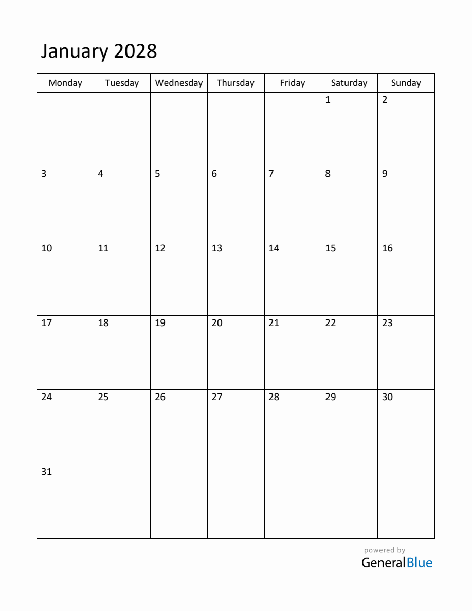 Editable January 2028 Monthly Calendar