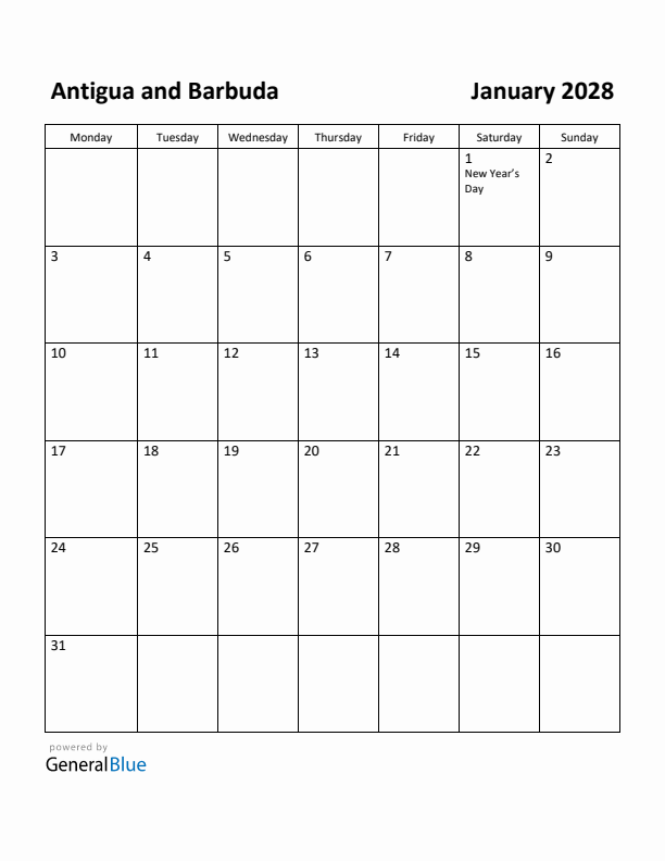 January 2028 Calendar with Antigua and Barbuda Holidays