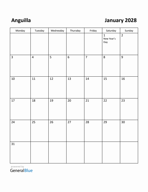 January 2028 Calendar with Anguilla Holidays