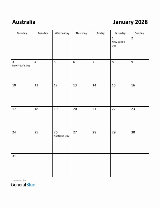 January 2028 Calendar with Australia Holidays