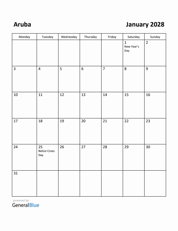 January 2028 Calendar with Aruba Holidays