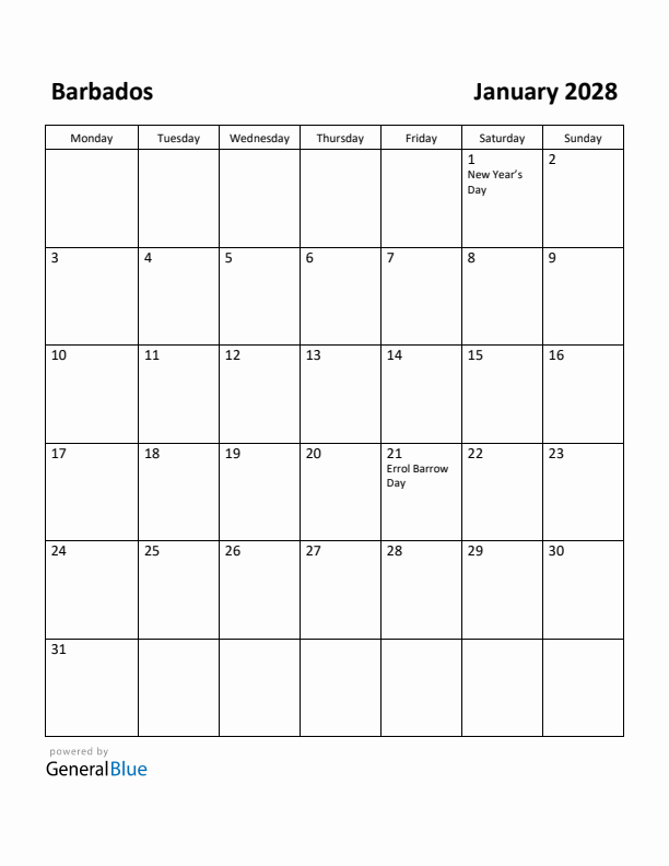 January 2028 Calendar with Barbados Holidays