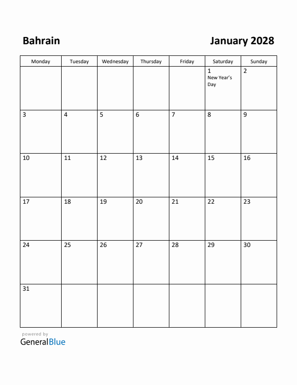 January 2028 Calendar with Bahrain Holidays