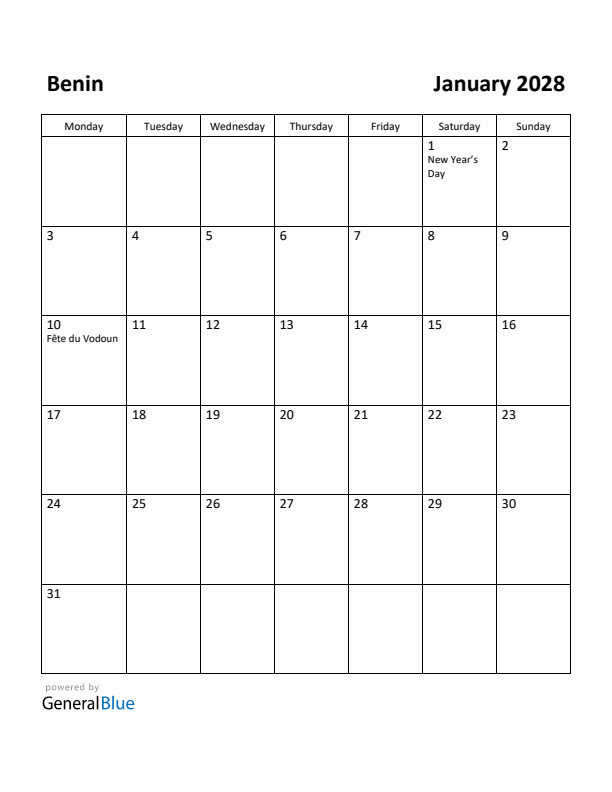 January 2028 Calendar with Benin Holidays