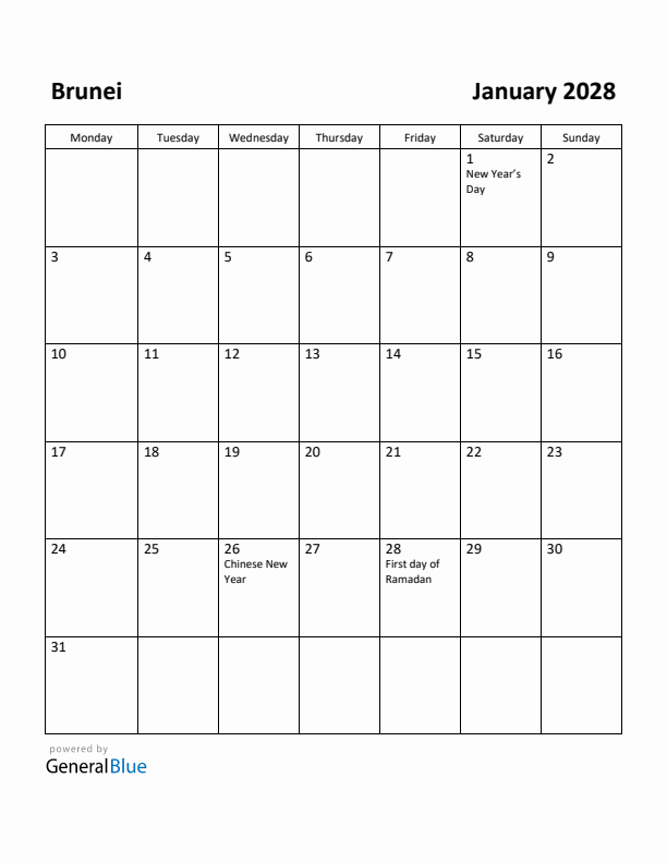 January 2028 Calendar with Brunei Holidays