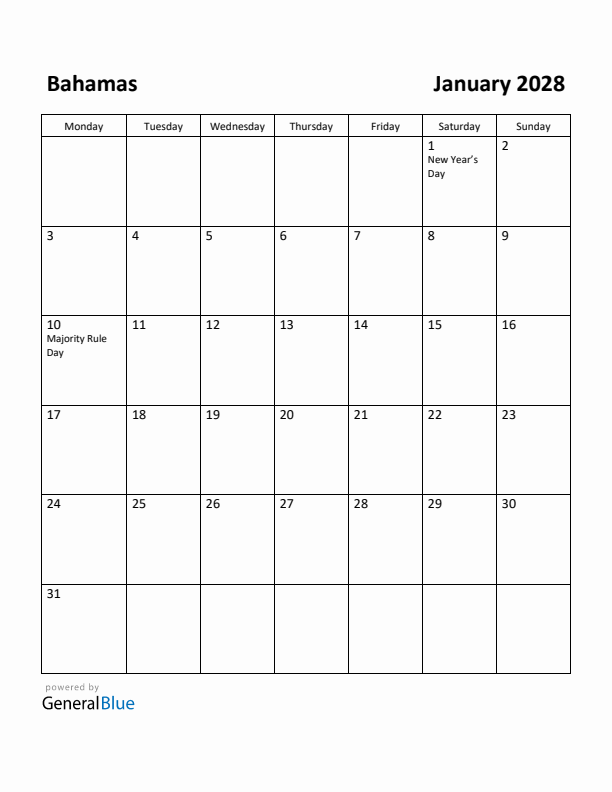 January 2028 Calendar with Bahamas Holidays