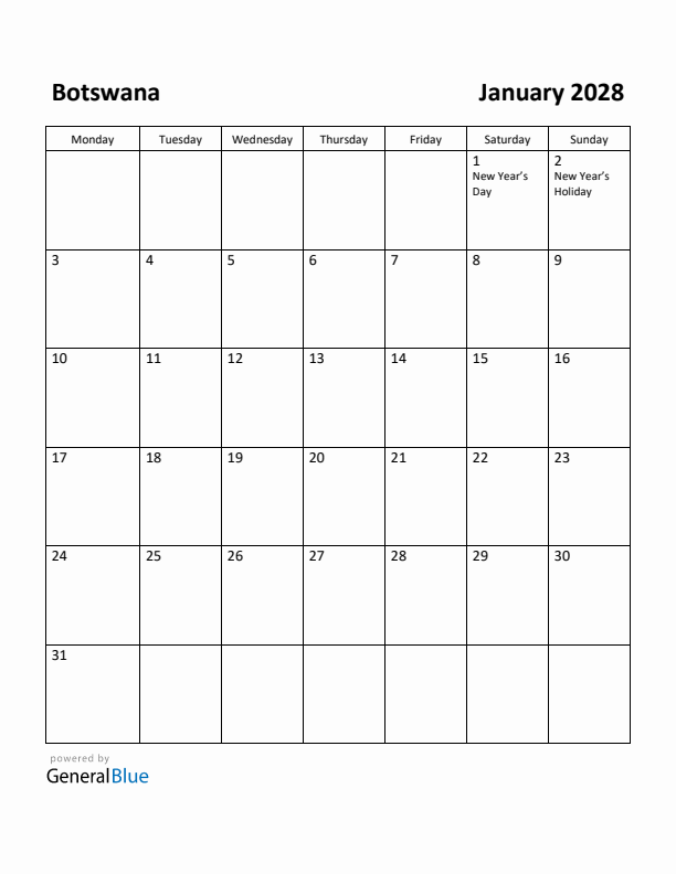 January 2028 Calendar with Botswana Holidays