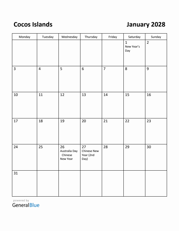January 2028 Calendar with Cocos Islands Holidays