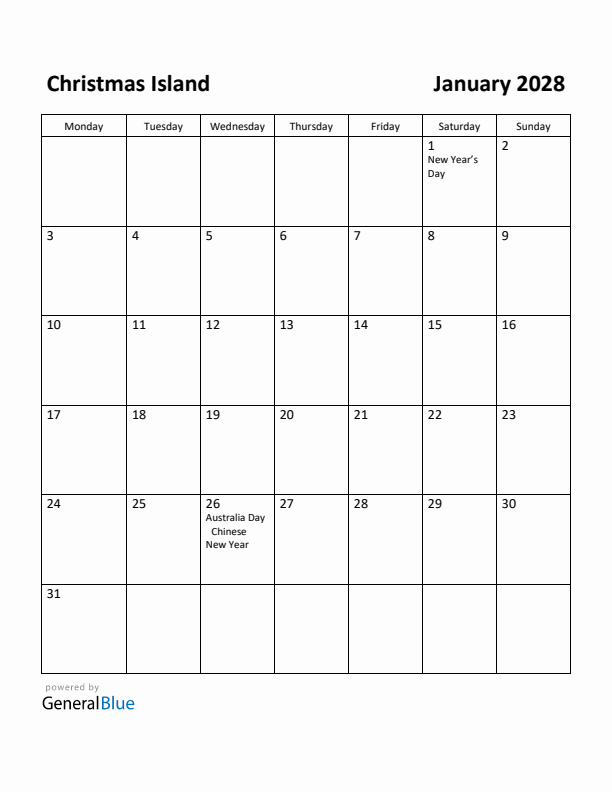 January 2028 Calendar with Christmas Island Holidays