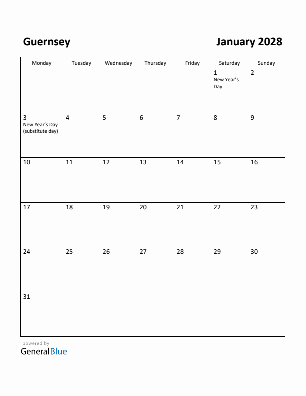 January 2028 Calendar with Guernsey Holidays