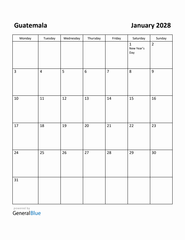January 2028 Calendar with Guatemala Holidays