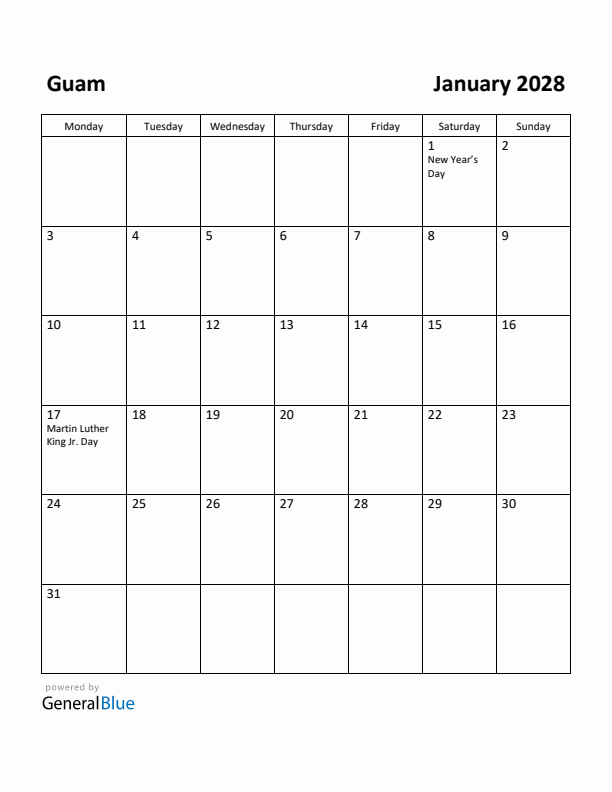 January 2028 Calendar with Guam Holidays