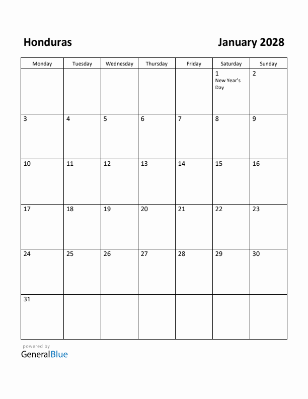January 2028 Calendar with Honduras Holidays