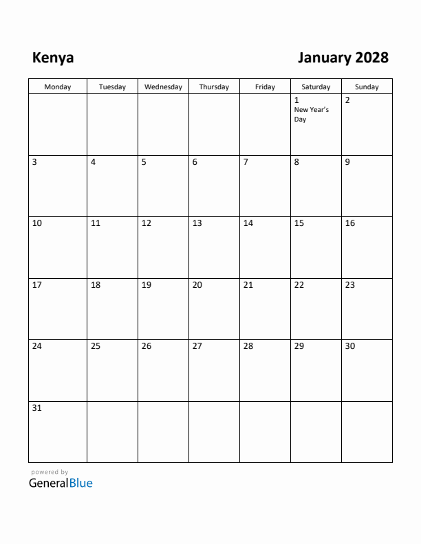 January 2028 Calendar with Kenya Holidays