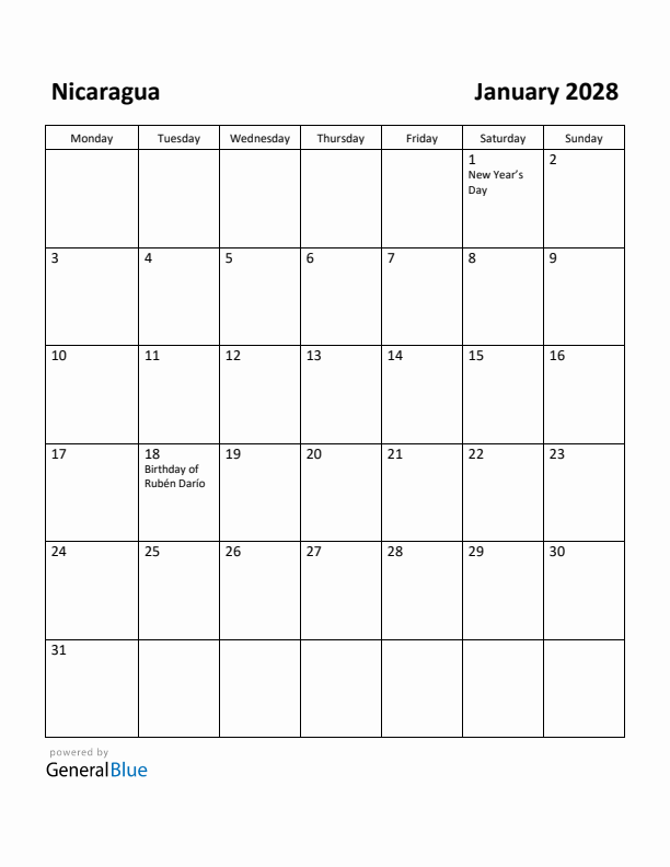 January 2028 Calendar with Nicaragua Holidays