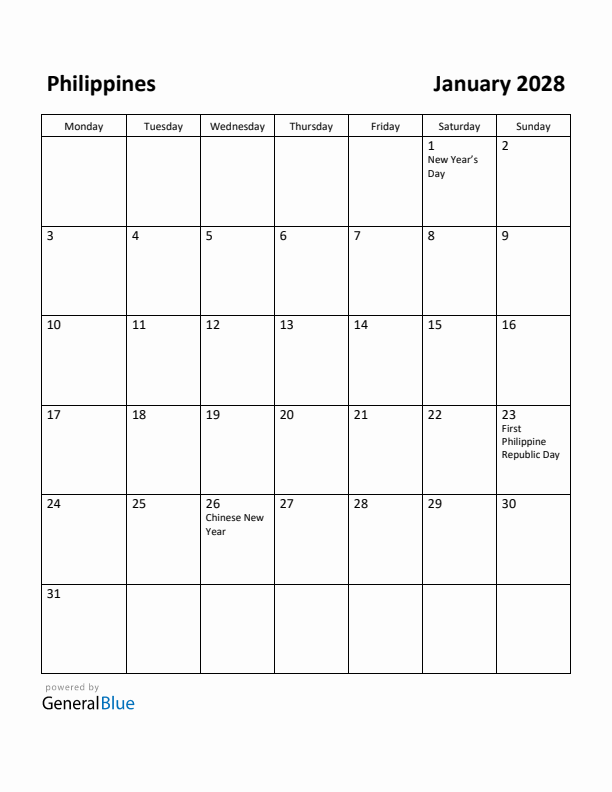 January 2028 Calendar with Philippines Holidays