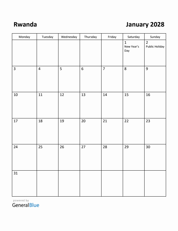 January 2028 Calendar with Rwanda Holidays