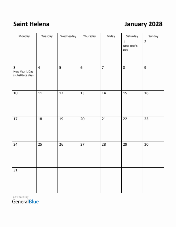 January 2028 Calendar with Saint Helena Holidays