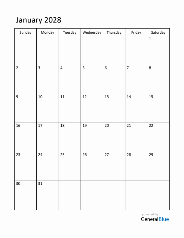 Sunday Start Calendar for January 2028