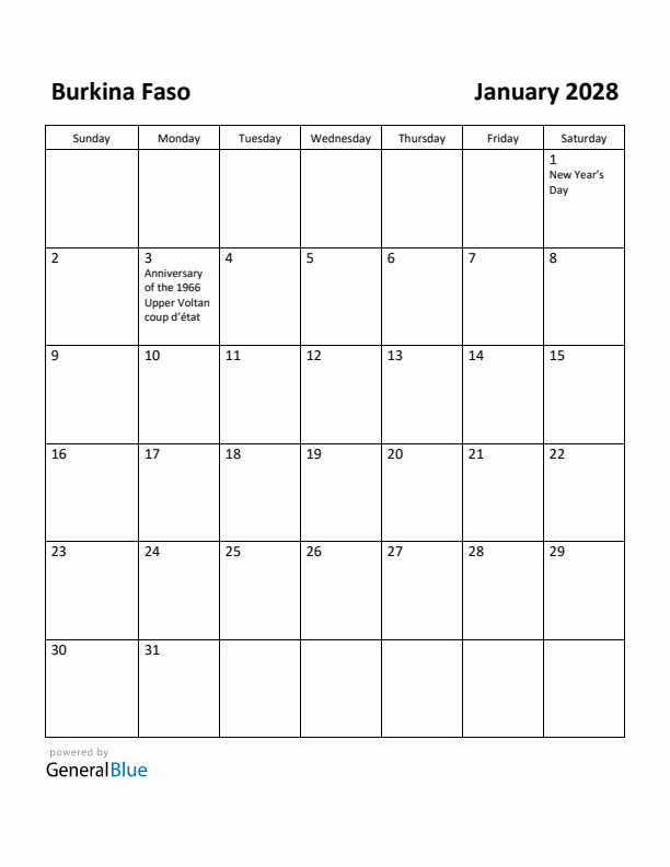 January 2028 Calendar with Burkina Faso Holidays