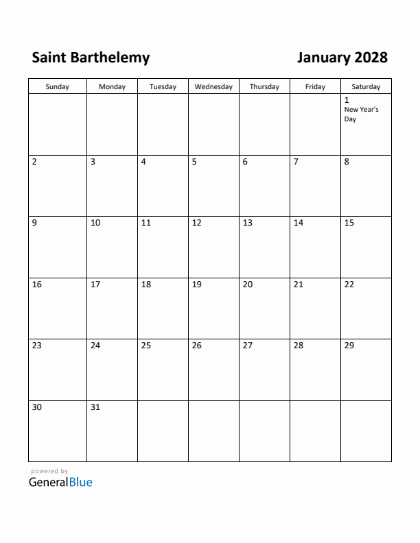January 2028 Calendar with Saint Barthelemy Holidays