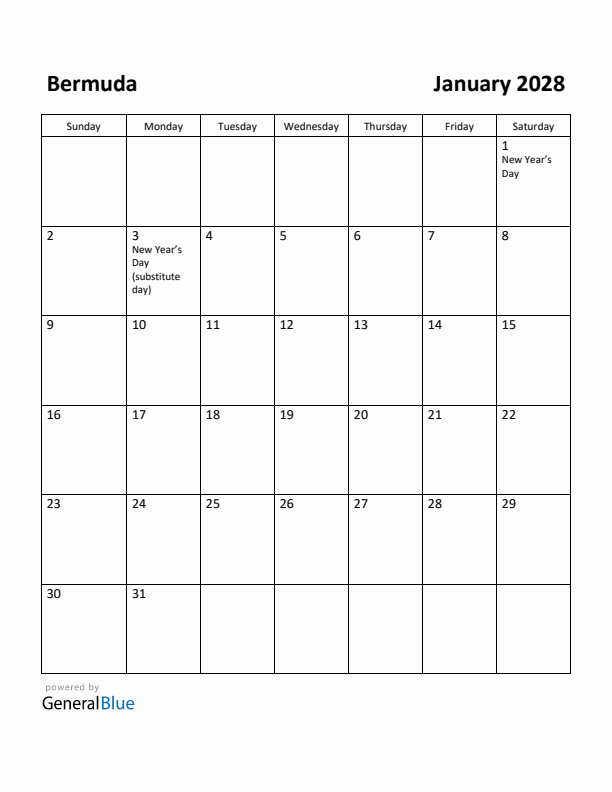 January 2028 Calendar with Bermuda Holidays