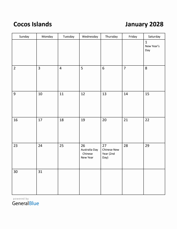 January 2028 Calendar with Cocos Islands Holidays