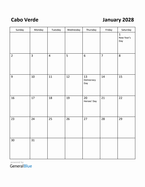 January 2028 Calendar with Cabo Verde Holidays