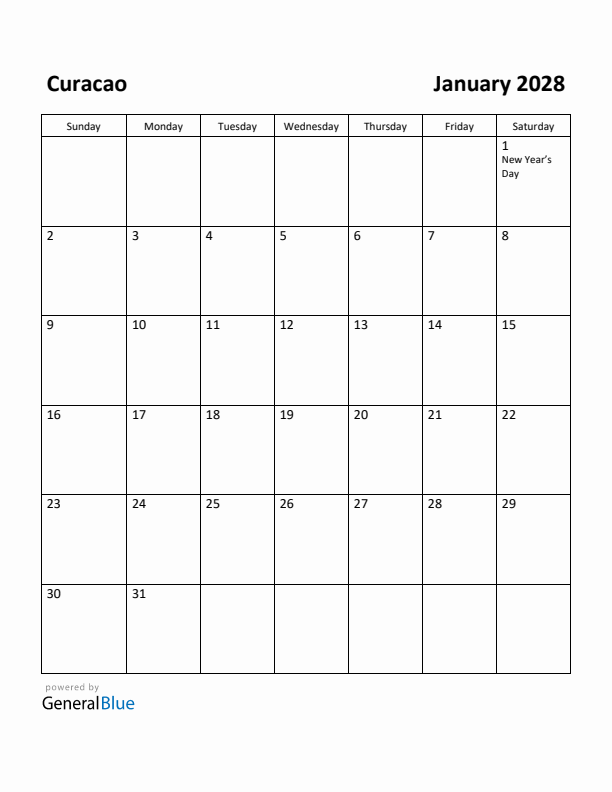 January 2028 Calendar with Curacao Holidays