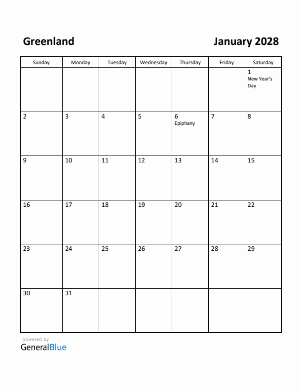 January 2028 Calendar with Greenland Holidays