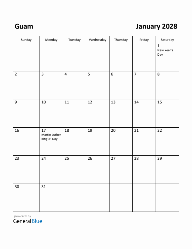 January 2028 Calendar with Guam Holidays