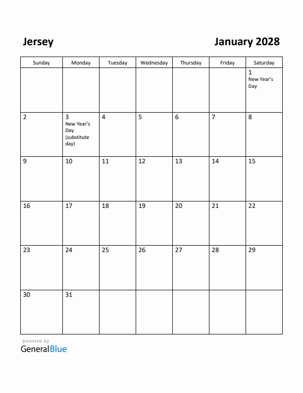 January 2028 Calendar with Jersey Holidays