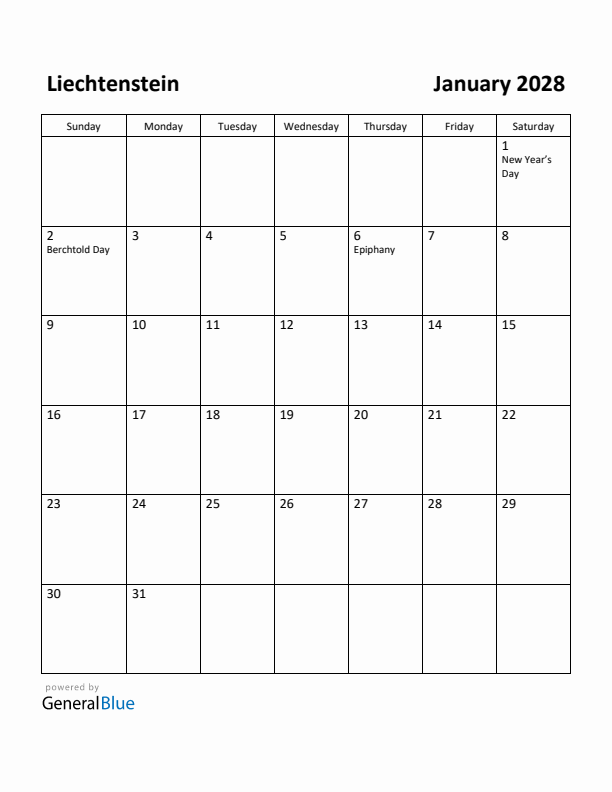 January 2028 Calendar with Liechtenstein Holidays