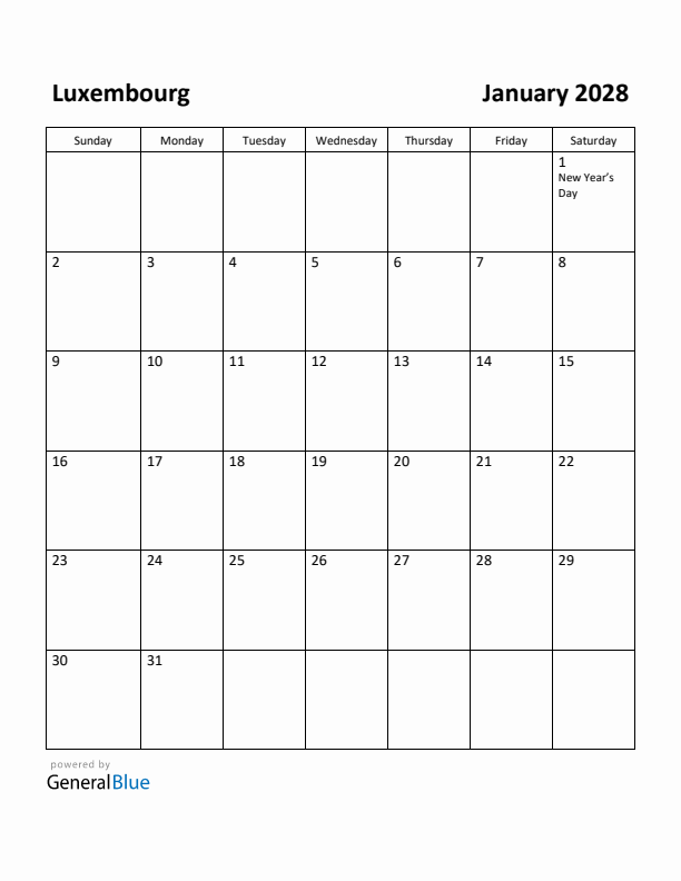 January 2028 Calendar with Luxembourg Holidays