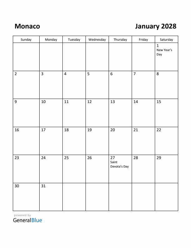 January 2028 Calendar with Monaco Holidays