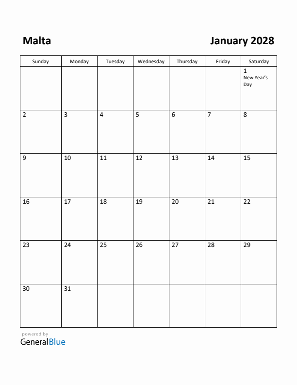 January 2028 Calendar with Malta Holidays