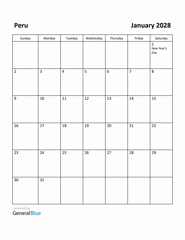 January 2028 Calendar with Peru Holidays