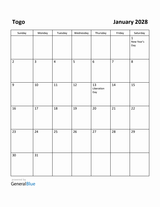January 2028 Calendar with Togo Holidays
