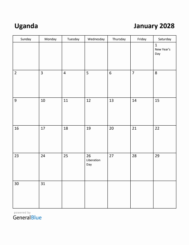 January 2028 Calendar with Uganda Holidays