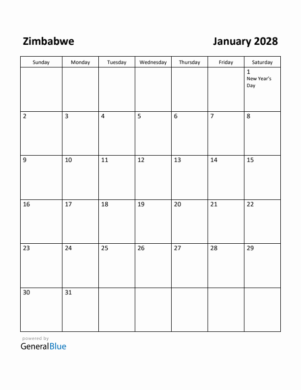 January 2028 Calendar with Zimbabwe Holidays