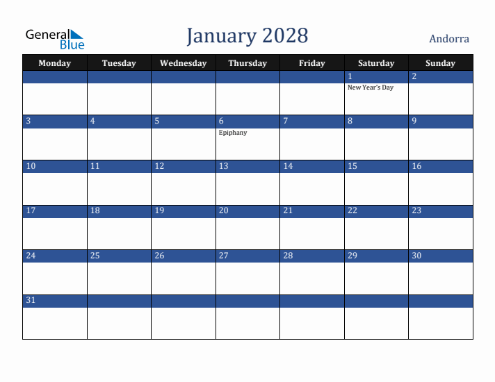 January 2028 Andorra Calendar (Monday Start)