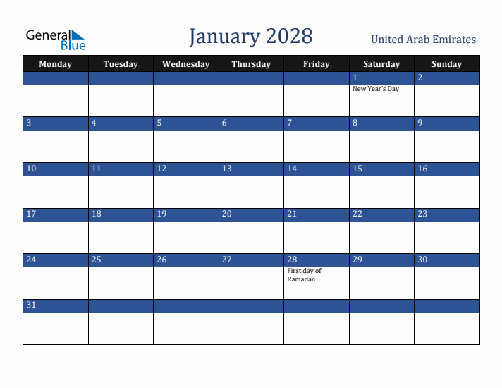 January 2028 United Arab Emirates Calendar (Monday Start)