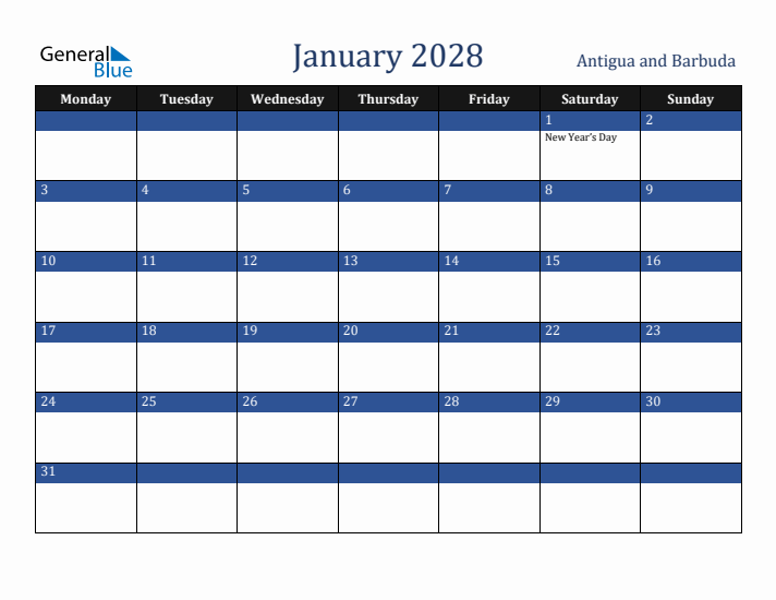 January 2028 Antigua and Barbuda Calendar (Monday Start)