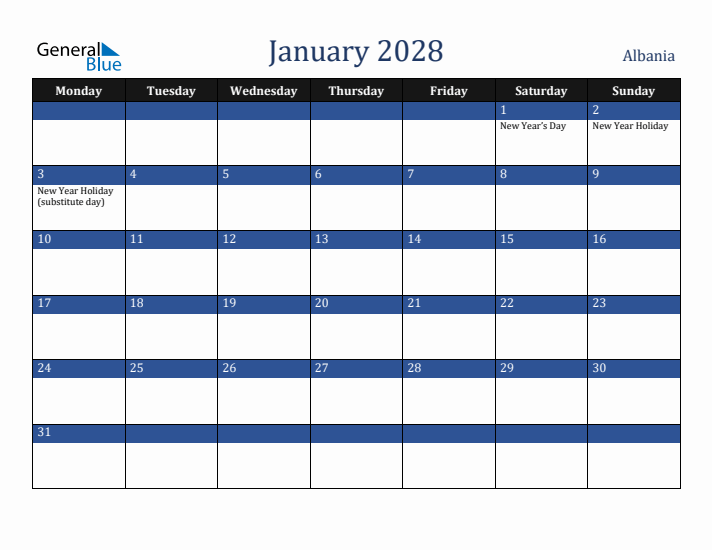 January 2028 Albania Calendar (Monday Start)